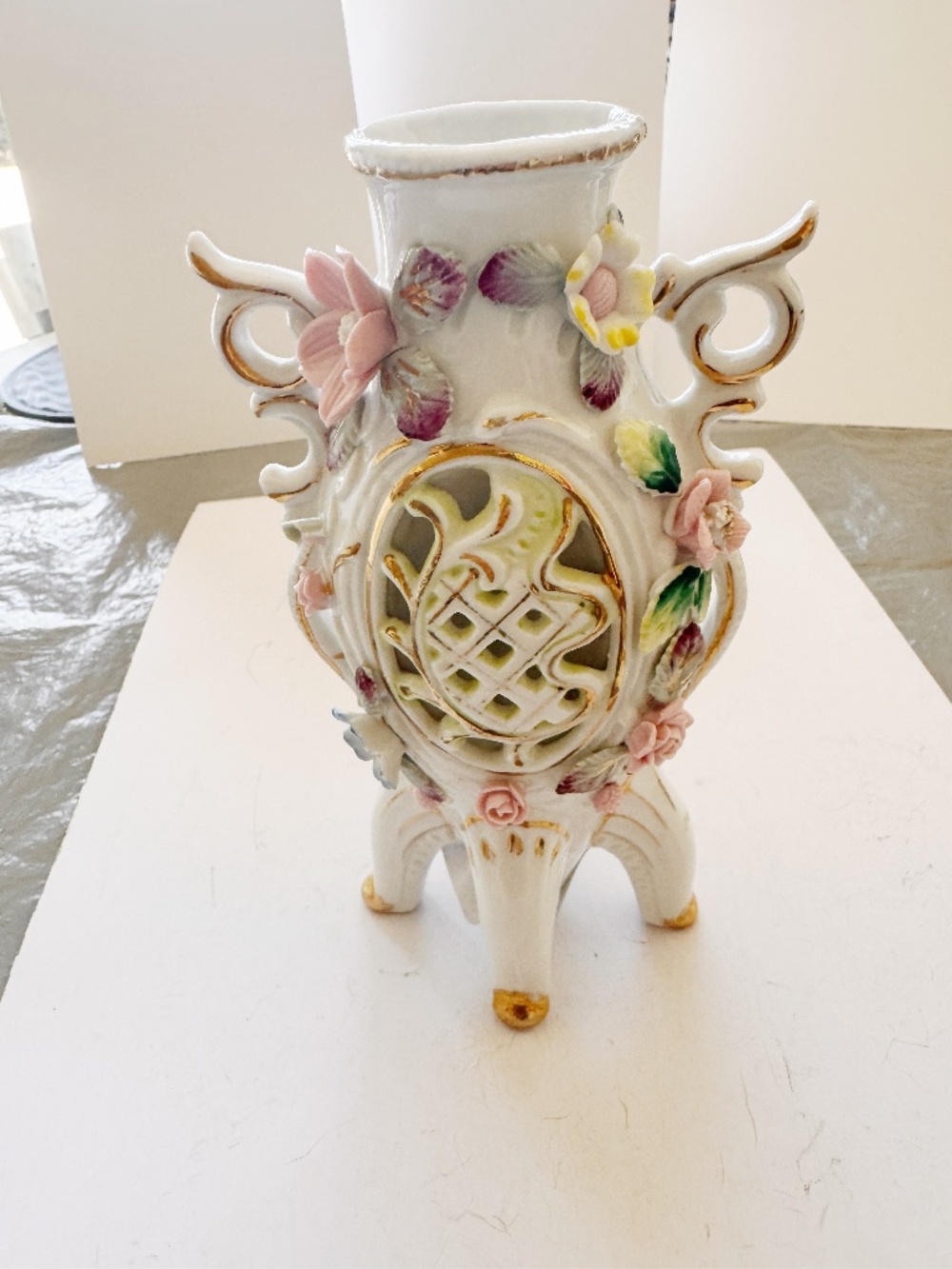 Vintage Rococo Porcelain Vase Hand Painted Applied Flowers Cut Out Lace 7.5"⁠
